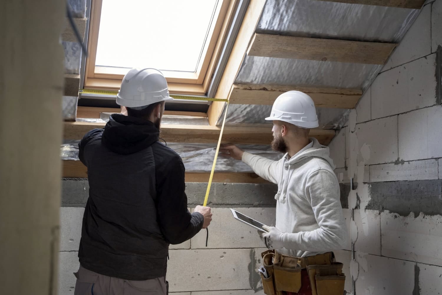 Builders measuring a roof before insulating it