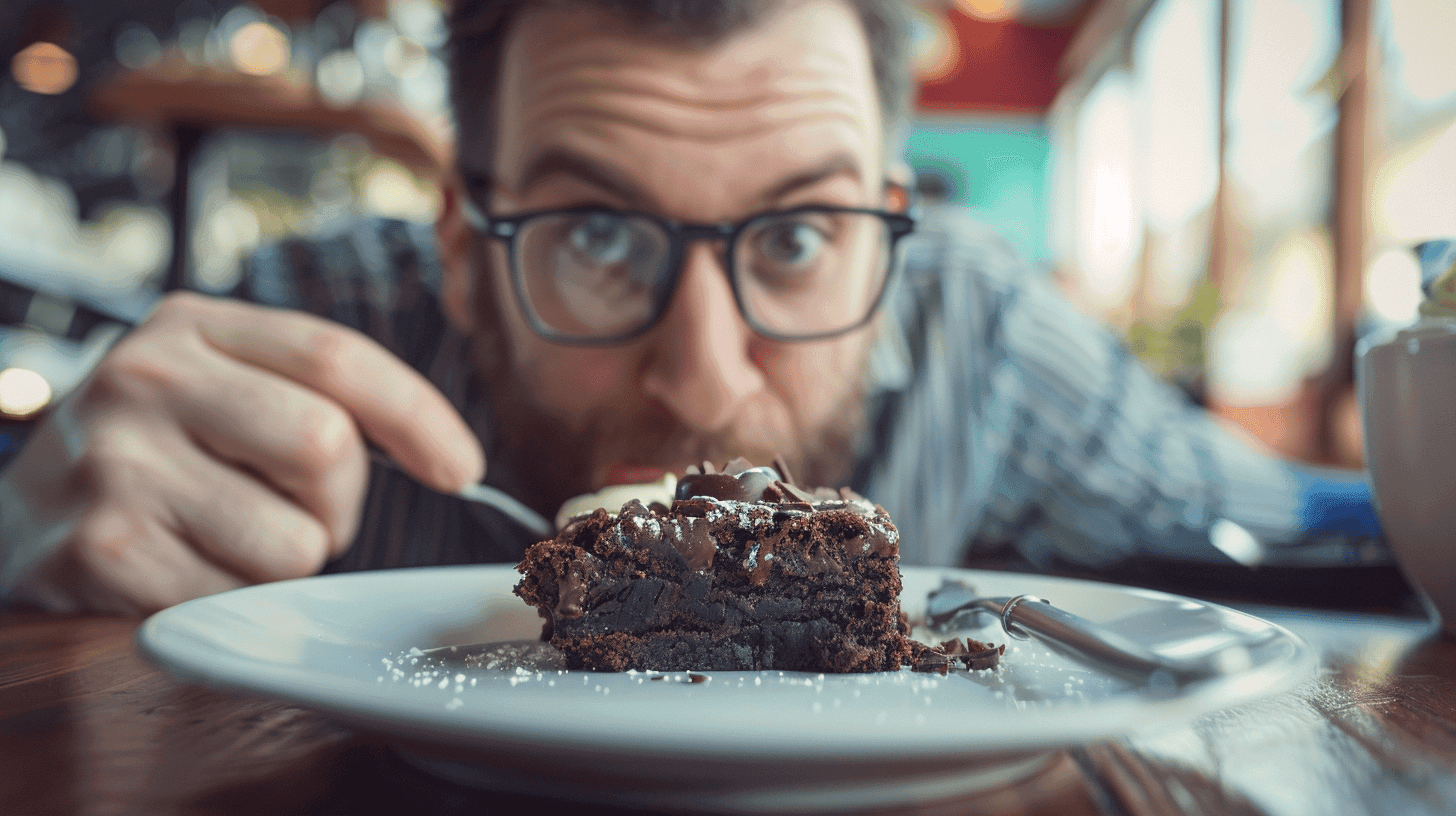 Mand, der spiser en chokoladebrownie
