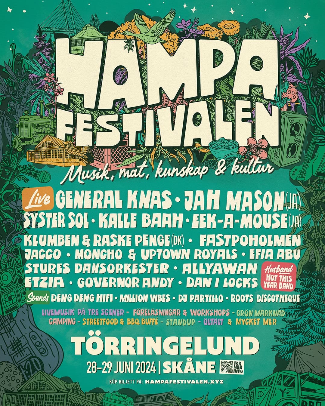Hampafestivalenin juliste Törringelundista 28.–29.6.2024, jossa festivaalin esiintyjät