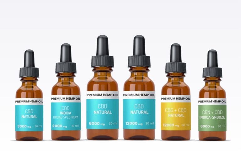 Olejki CBD Premium Raw Hemp o różnych stężeniach ustawione w rzędzie