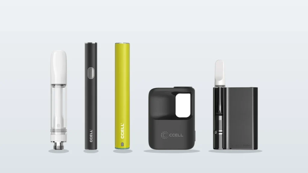 CCELL batteries M4B Pro, M3 Plus, Stylo and Palm Pro next to a 510 cartridge