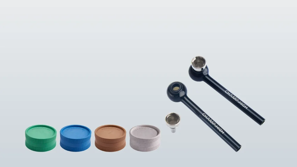 Champ High Grinder aus Hanfplastik und schwarze Glaspfeife
