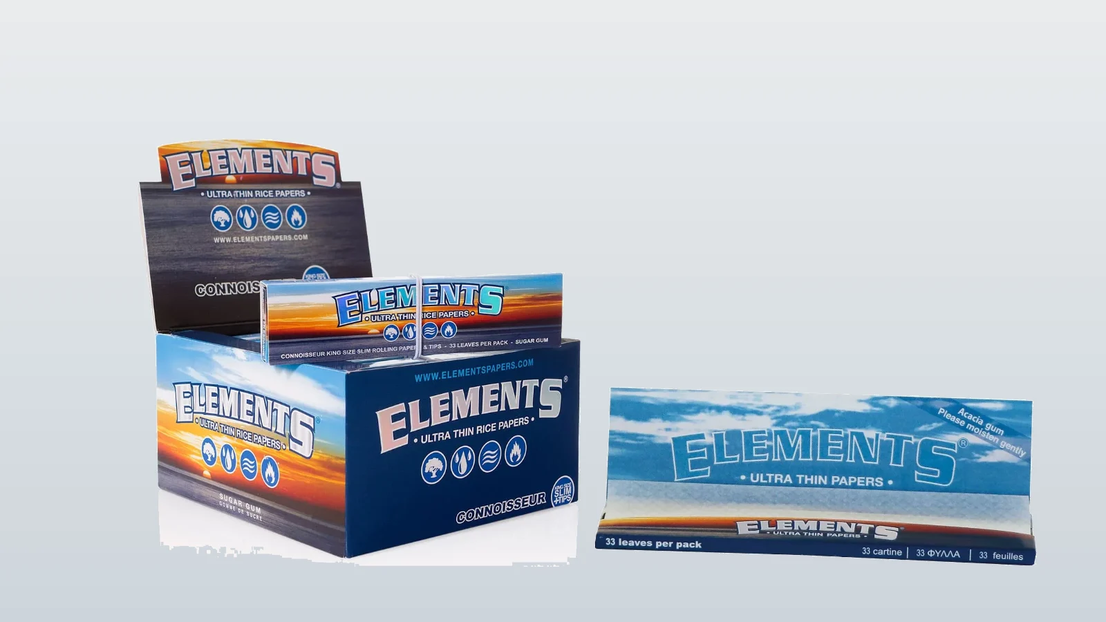 Elements Connoisseur Slim med tips og Elements King Size Ultra Thin rispapir
