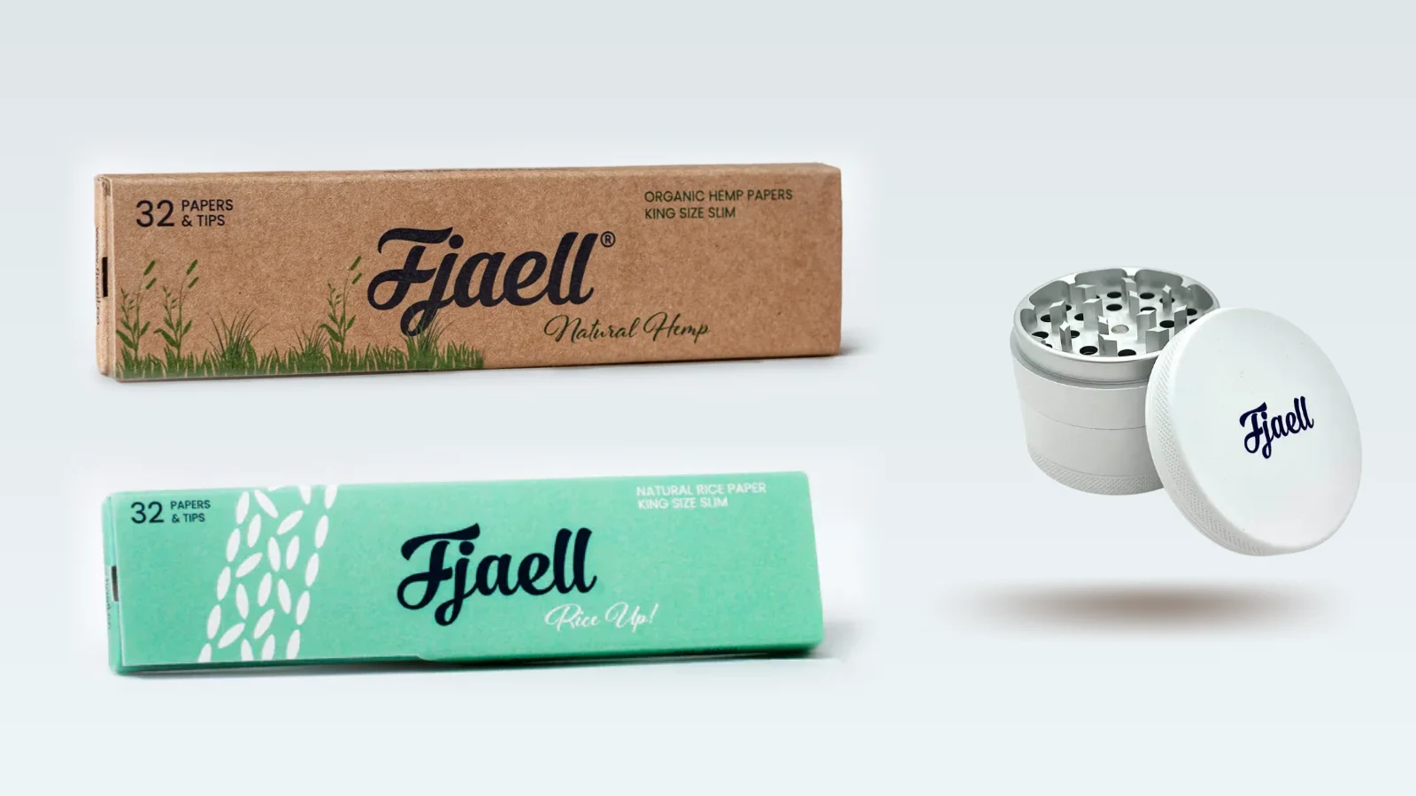 Fjaell Natural Hemp og Rice Up! rullepapir med en hvid Fjaell-grinder
