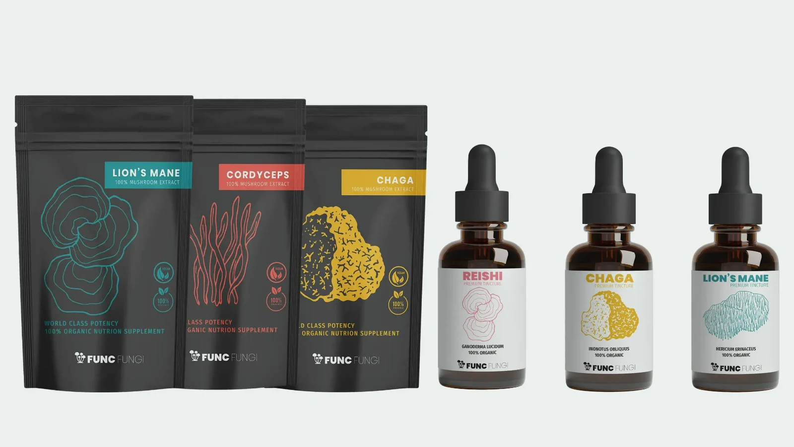 Func Fungi extracten van Lion’s Mane, Cordyceps en Chaga met tincturen van Reishi, Chaga en Lion’s Mane