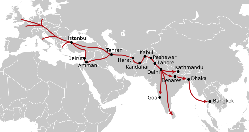 Map of the hippie trail from Europe via Istanbul, Tehran and Kabul to India and Nepal