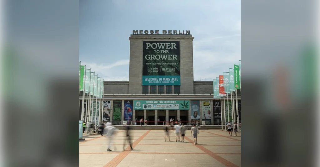 North entrance of Messe Berlin with signage for the Mary Jane Berlin cannabis expo