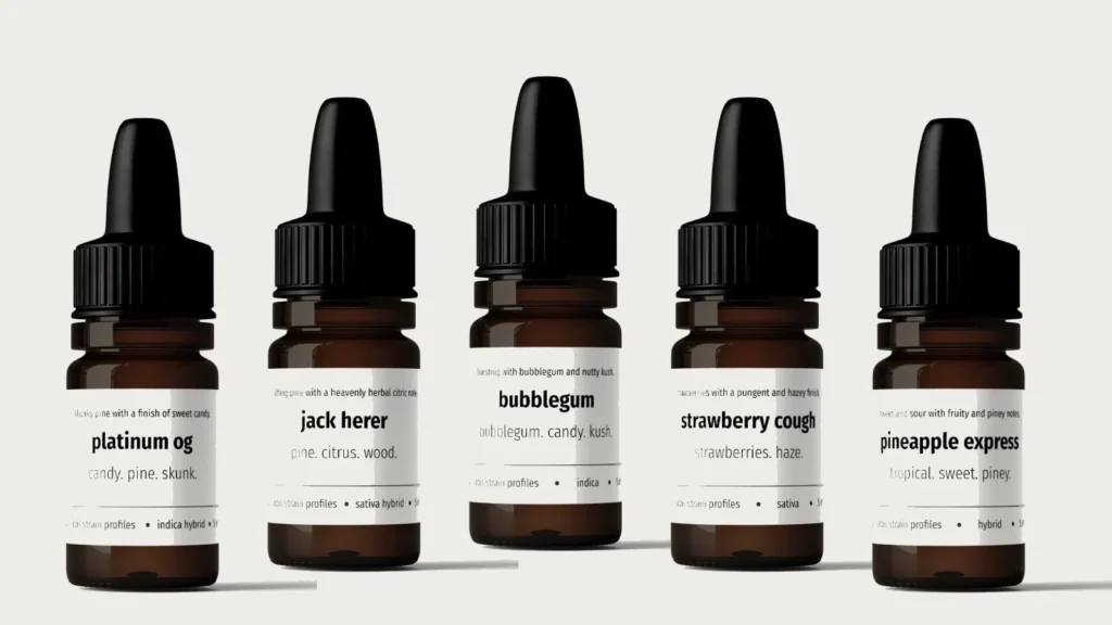 Nordic Terpenes terpene profiles Platinum OG, Jack Herer, Bubblegum, Strawberry Cough and Pineapple Express