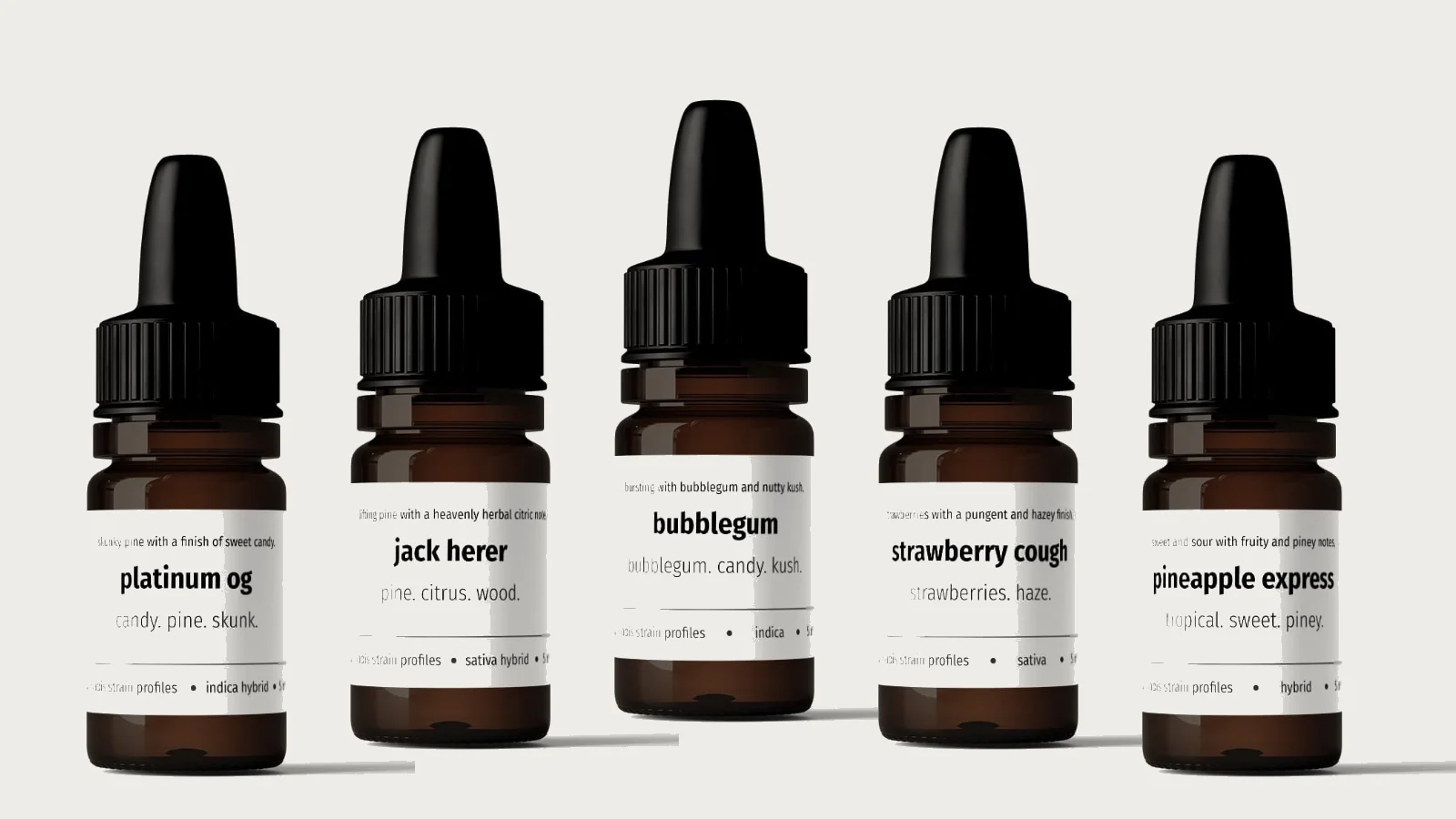 Nordic Terpenes -terpeeniprofiilit Platinum OG, Jack Herer, Bubblegum, Strawberry Cough ja Pineapple Express