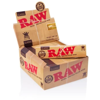 Box of RAW Classic King Size Slim rolling papers with a booklet in front