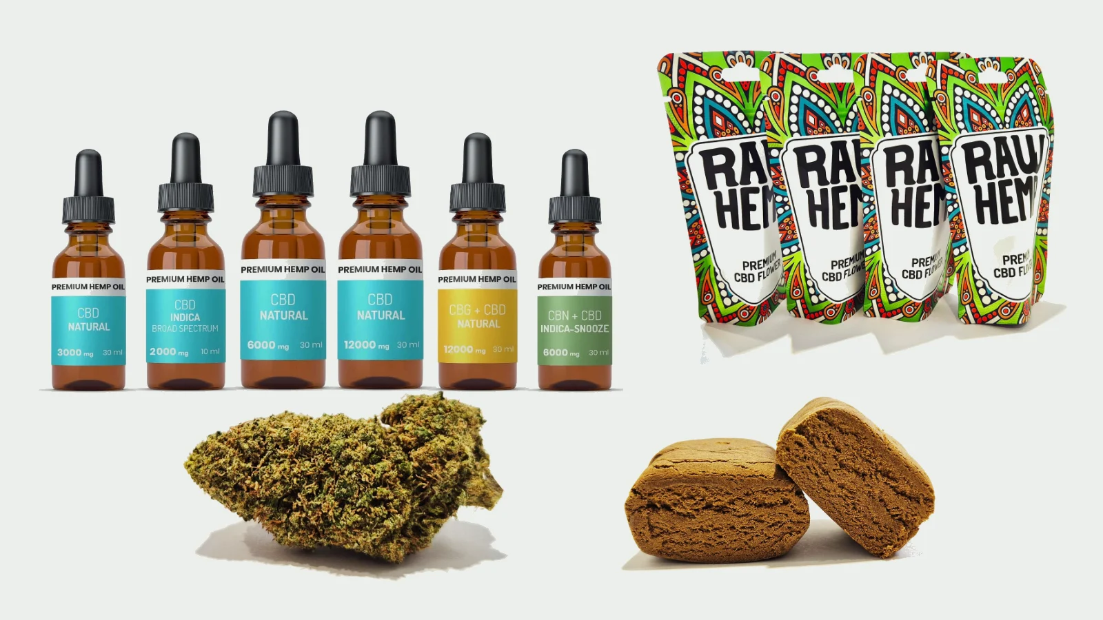 Huiles CBD Raw Hemp, fleurs CBD en sachets, une fleur CBD et du hash CBD
