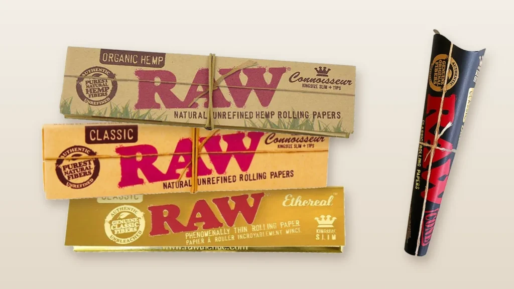 RAW Organic Hemp, Classic and Ethereal rolling papers and a RAW Black cone