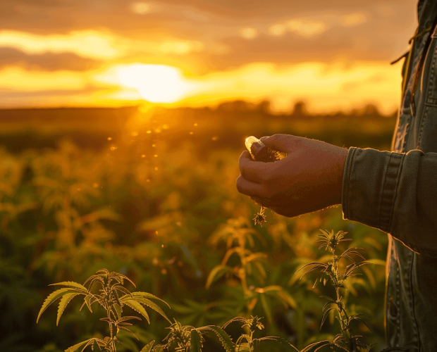 Pochette CBD prise en photo devant un coucher de soleil avec des plants de chanvre en arrière-plan.